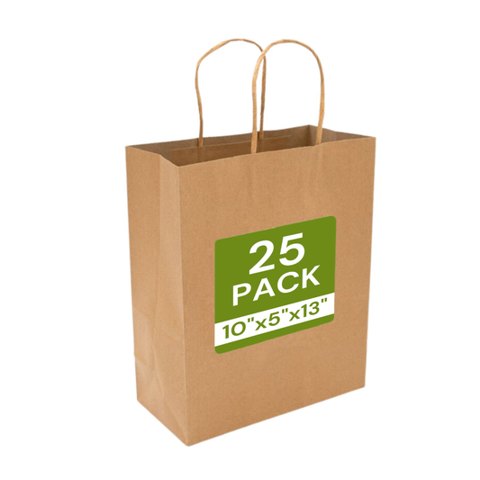 Pack - 25 bags - 10x5x13 inches Brown Paper Bags with Handles